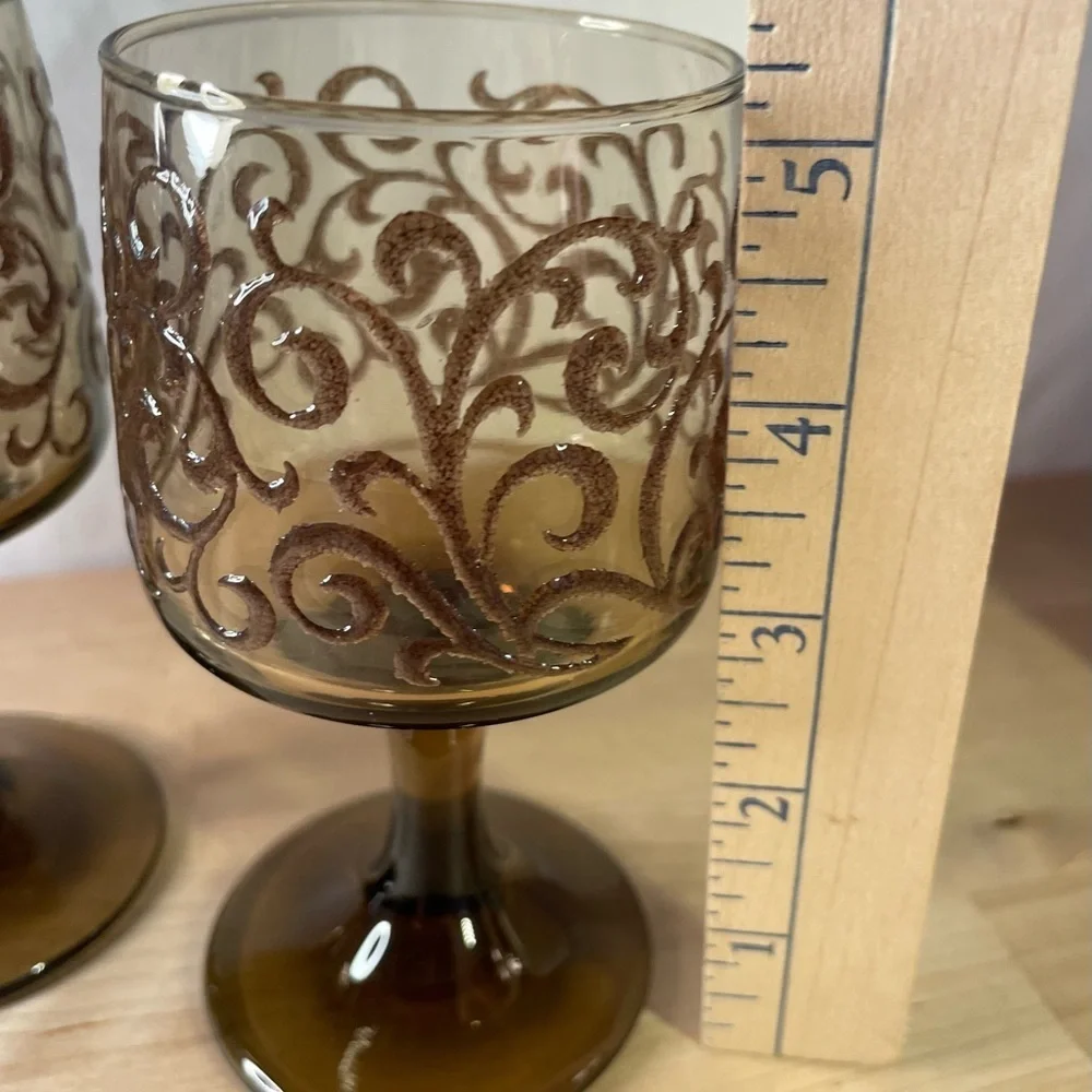 Pair of Vintage Libbey Prado Tawny Brown Raised Scroll Wine Glasses 5.5 inches